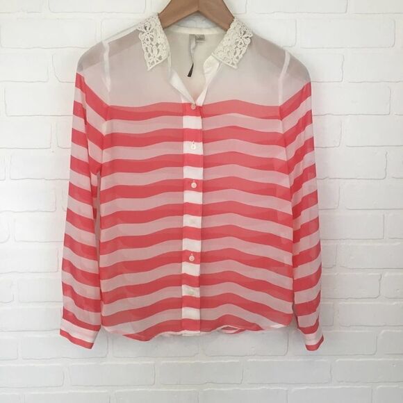 LC Lauren Conrad Sheer Button Up Striped Blouse - Picture 1 of 8